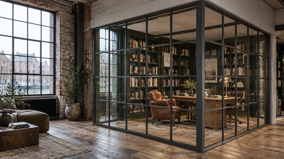 Stalen glazen wand rond een bibliotheek