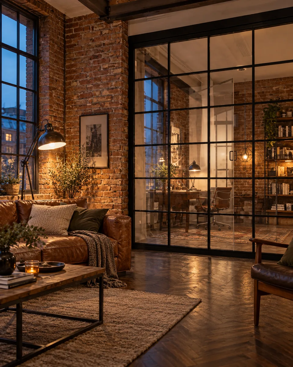 Stalen glaswand in een loft bij schemering
